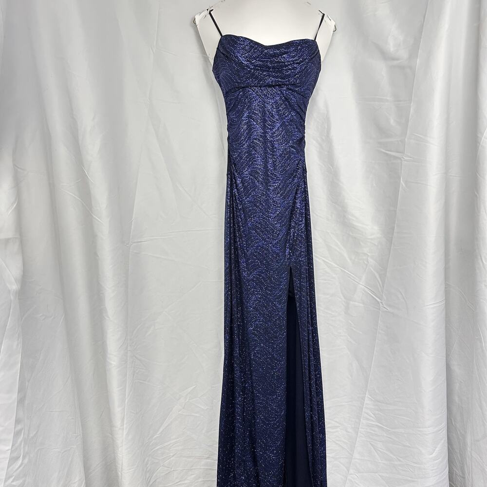 Honey And Rosie Dress Juniors XS Blue Glitter Maxi Slit Formal Prom Sweetheart